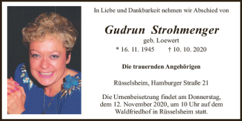 Traueranzeige von Gudrun Strohmenger von vrm-trauer