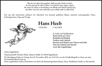 Traueranzeige von Hans Heeb von vrm-trauer