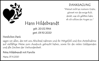 Traueranzeige von Hans Hildebrandt von vrm-trauer