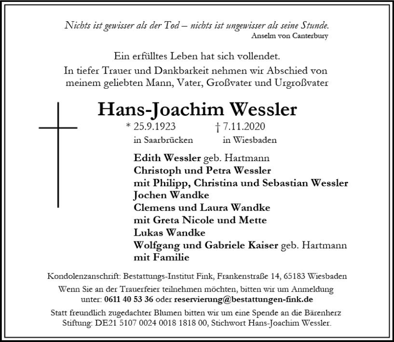  Traueranzeige für Hans-Joachim Wessler vom 14.11.2020 aus vrm-trauer