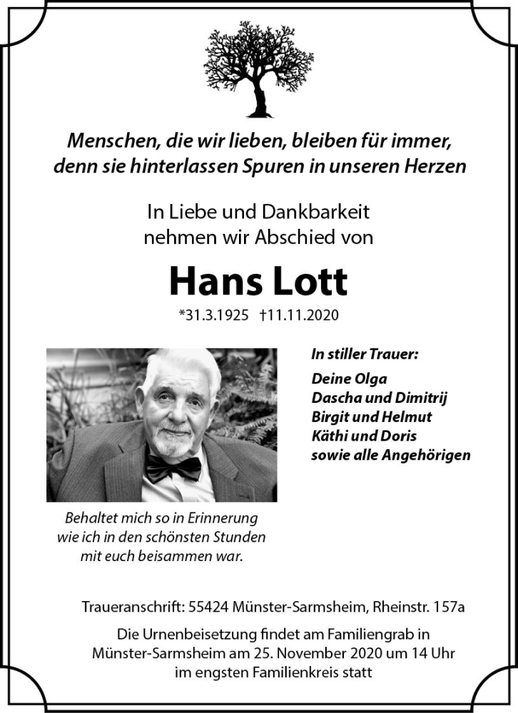  Traueranzeige für Hans Lott vom 21.11.2020 aus vrm-trauer