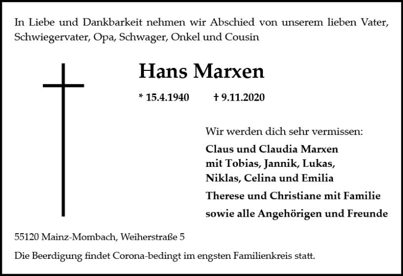  Traueranzeige für Hans Marxen vom 14.11.2020 aus vrm-trauer