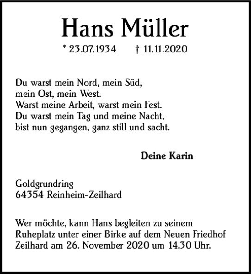  Traueranzeige für Hans Müller vom 21.11.2020 aus vrm-trauer