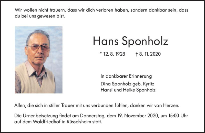  Traueranzeige für Hans Sponholz vom 14.11.2020 aus vrm-trauer