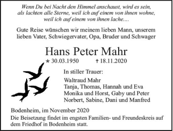 Traueranzeige von Hans Peter Mahr von vrm-trauer
