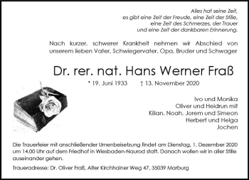 Traueranzeige von Hans Werner Fraß von vrm-trauer