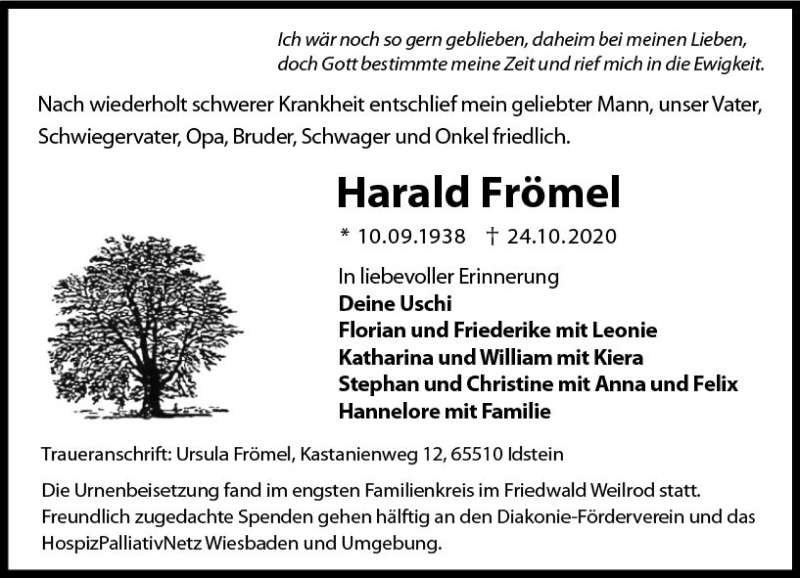  Traueranzeige für Harald Frömel vom 14.11.2020 aus vrm-trauer