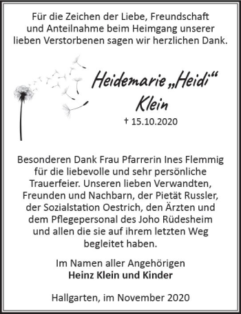 Traueranzeige von Heidemarie Klein von vrm-trauer