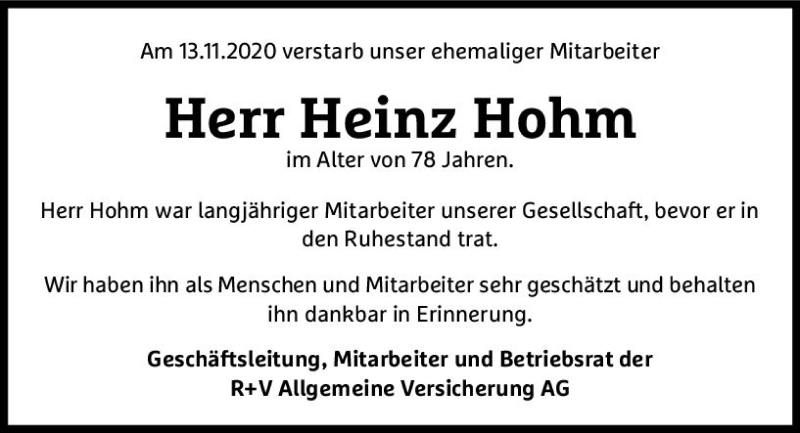  Traueranzeige für Heinz Hohm vom 28.11.2020 aus vrm-trauer