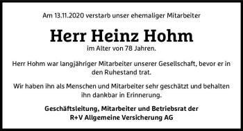 Traueranzeige von Heinz Hohm von vrm-trauer