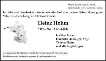 Traueranzeige von Heinz Hohn von vrm-trauer