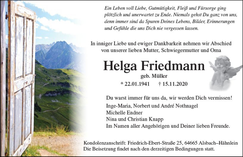  Traueranzeige für Helga Friedmann vom 21.11.2020 aus vrm-trauer
