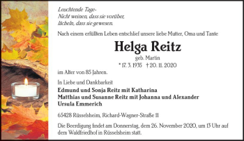 Traueranzeige von Helga Reitz von vrm-trauer