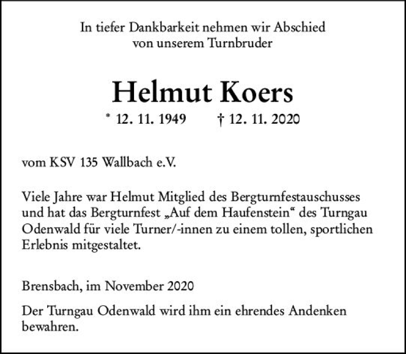  Traueranzeige für Helmut Koers vom 21.11.2020 aus vrm-trauer