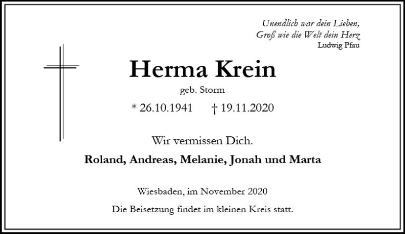  Traueranzeige für Herma Krein vom 25.11.2020 aus vrm-trauer
