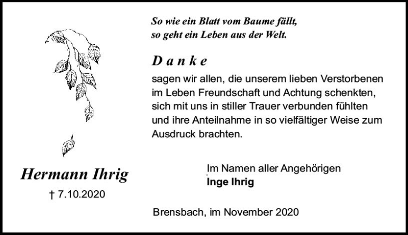  Traueranzeige für Hermann Ihrig vom 07.11.2020 aus vrm-trauer