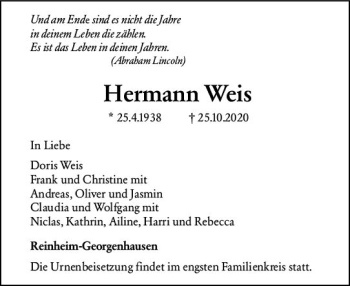Traueranzeige von Hermann Weis von vrm-trauer