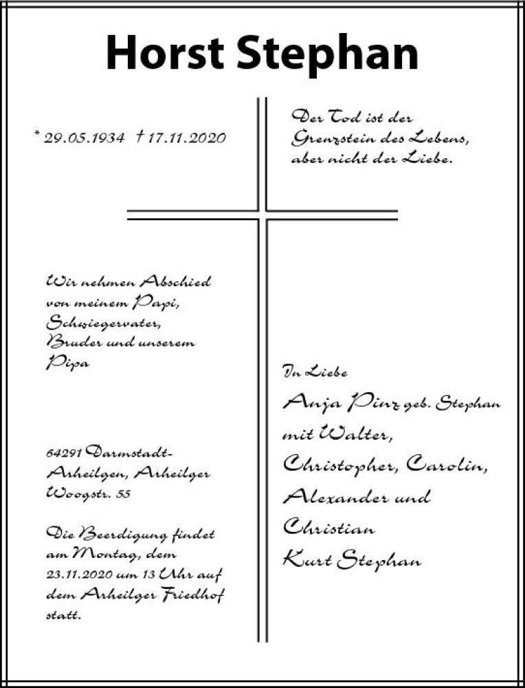  Traueranzeige für Horst Stephan vom 21.11.2020 aus vrm-trauer