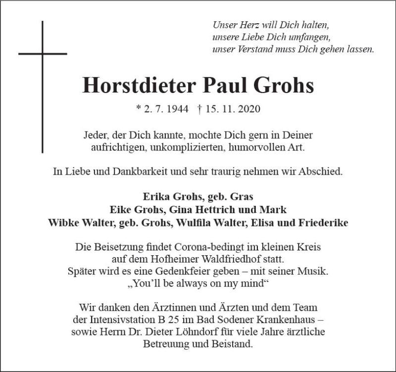  Traueranzeige für Horstdieter Paul Grohs vom 27.11.2020 aus vrm-trauer