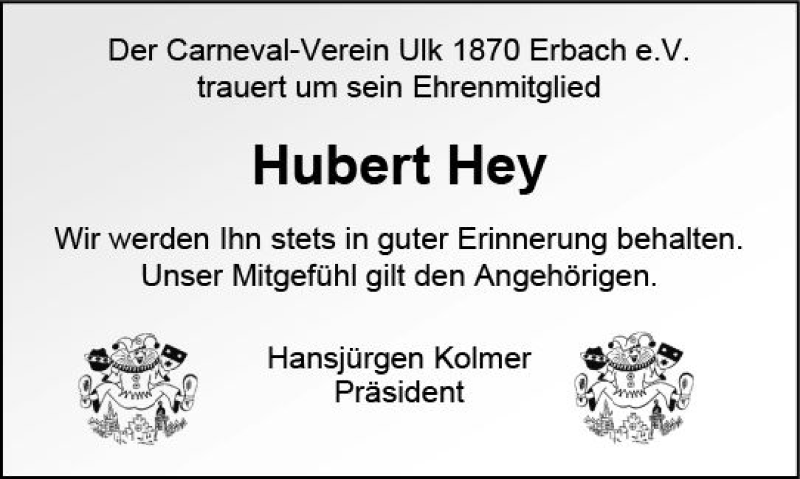  Traueranzeige für Hubert Hey vom 06.11.2020 aus vrm-trauer
