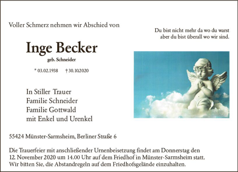  Traueranzeige für Inge Becker vom 10.11.2020 aus vrm-trauer