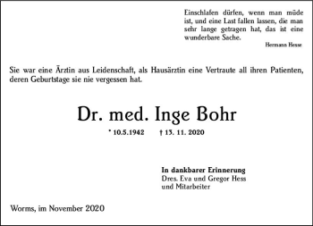 Traueranzeige von Inge Bohr von vrm-trauer