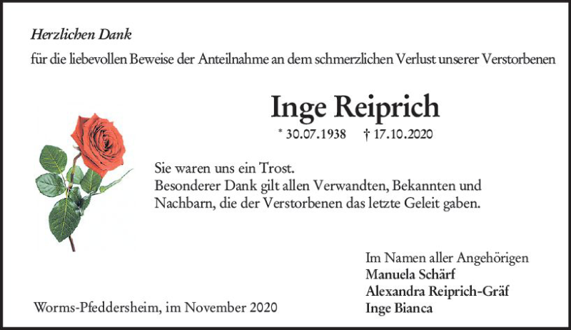  Traueranzeige für Inge Reiprich vom 12.11.2020 aus vrm-trauer