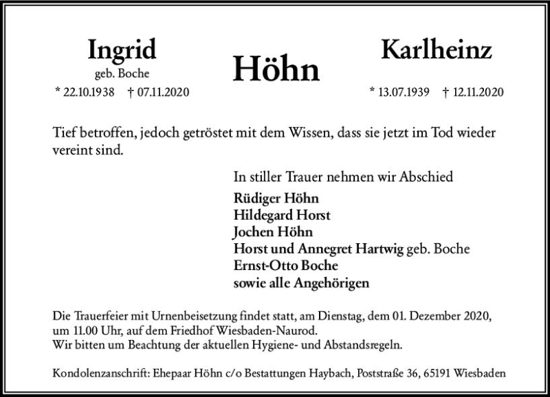  Traueranzeige für Ingrid Höhn vom 21.11.2020 aus vrm-trauer