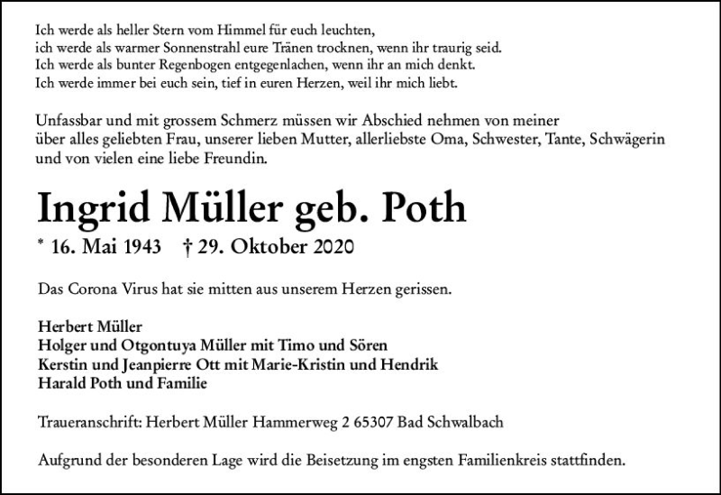  Traueranzeige für Ingrid Müller vom 07.11.2020 aus vrm-trauer