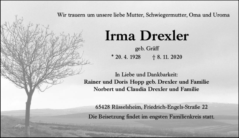  Traueranzeige für Irma Drexler vom 21.11.2020 aus vrm-trauer