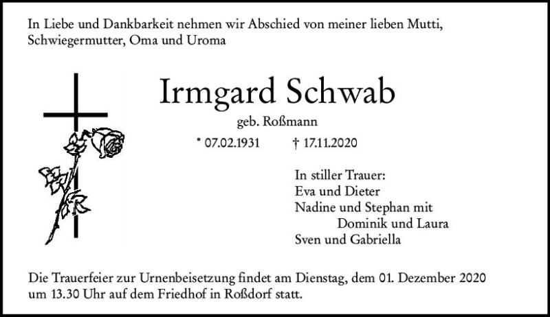  Traueranzeige für Irmgard Schwab vom 21.11.2020 aus vrm-trauer
