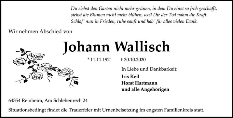  Traueranzeige für Johann Wallisch vom 07.11.2020 aus vrm-trauer