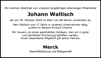 Traueranzeige von Johann Wallisch von vrm-trauer
