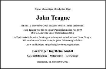 Traueranzeige von John Teague von vrm-trauer