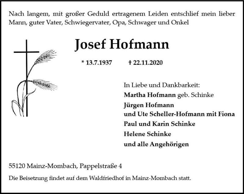  Traueranzeige für Josef Hofmann vom 28.11.2020 aus vrm-trauer