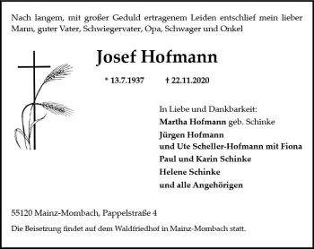 Traueranzeige von Josef Hofmann von vrm-trauer