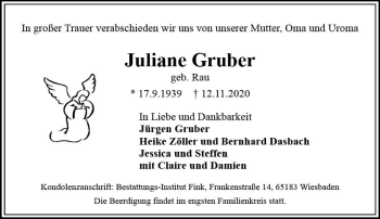 Traueranzeige von Juliane Gruber von vrm-trauer