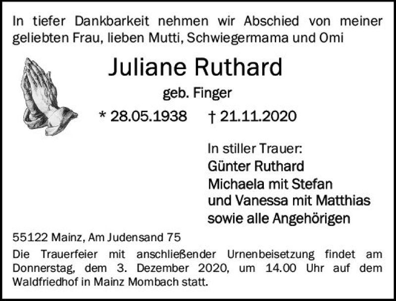  Traueranzeige für Juliane Ruthard vom 28.11.2020 aus vrm-trauer