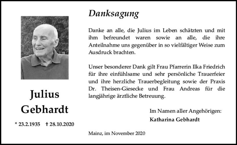  Traueranzeige für Julius Gebhardt vom 28.11.2020 aus vrm-trauer