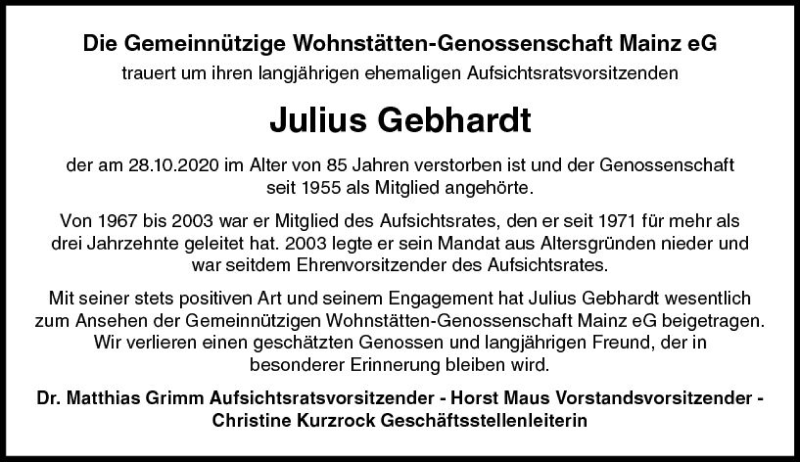  Traueranzeige für Julius Gebhardt vom 04.11.2020 aus vrm-trauer