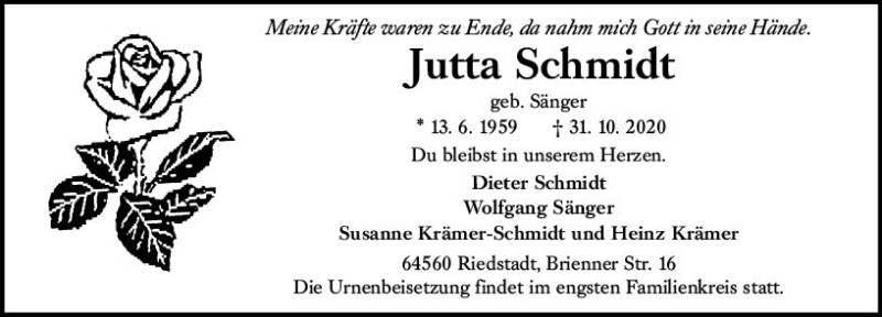  Traueranzeige für Jutta Schmidt vom 07.11.2020 aus vrm-trauer