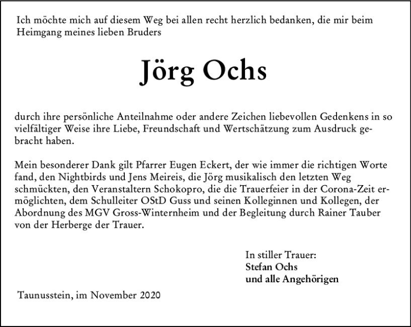  Traueranzeige für Jörg Ochs vom 28.11.2020 aus vrm-trauer