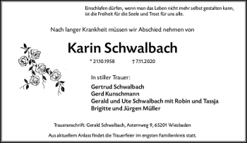 Traueranzeige von Karin Schwalbach von vrm-trauer