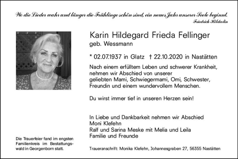  Traueranzeige für Karin Hildegard Frieda Fellinger vom 21.11.2020 aus vrm-trauer