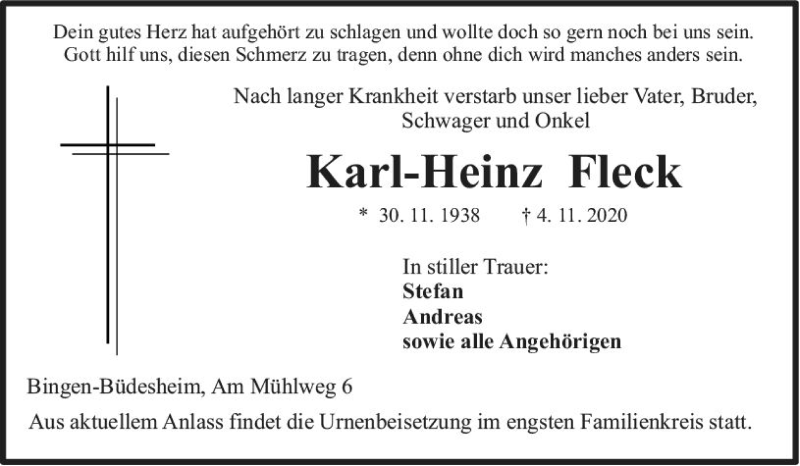  Traueranzeige für Karl-Heinz Fleck vom 07.11.2020 aus vrm-trauer