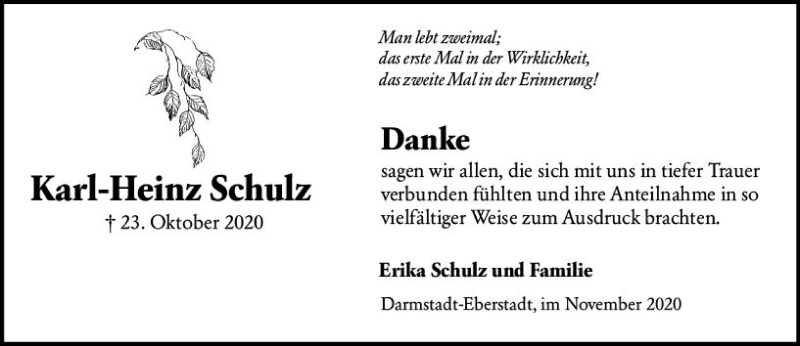  Traueranzeige für Karl-Heinz Schulz vom 14.11.2020 aus vrm-trauer