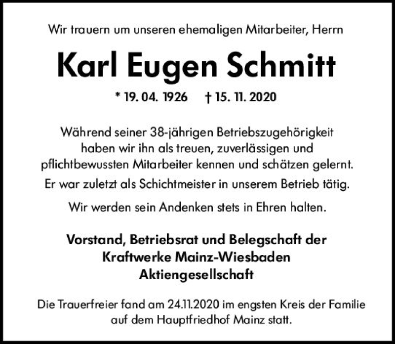 Traueranzeige für Karl Eugen Schmitt vom 28.11.2020 aus vrm-trauer