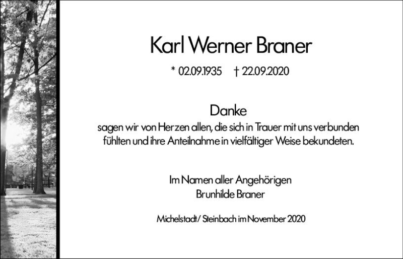  Traueranzeige für Karl Werner Braner vom 07.11.2020 aus vrm-trauer