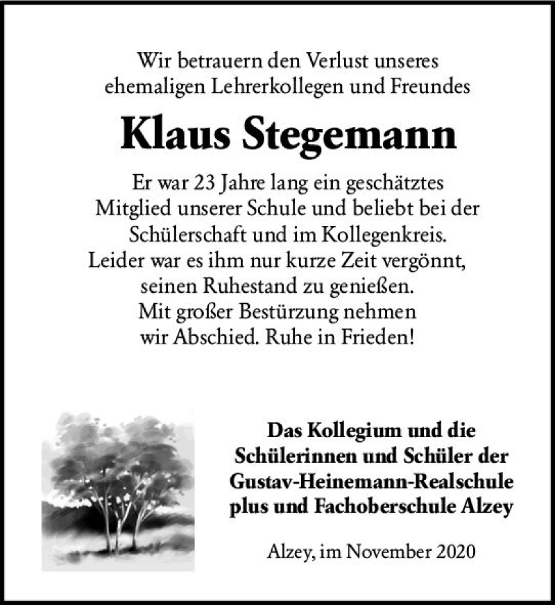  Traueranzeige für Klaus Stegemann vom 14.11.2020 aus vrm-trauer