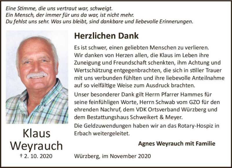  Traueranzeige für Klaus Weyrauch vom 07.11.2020 aus vrm-trauer